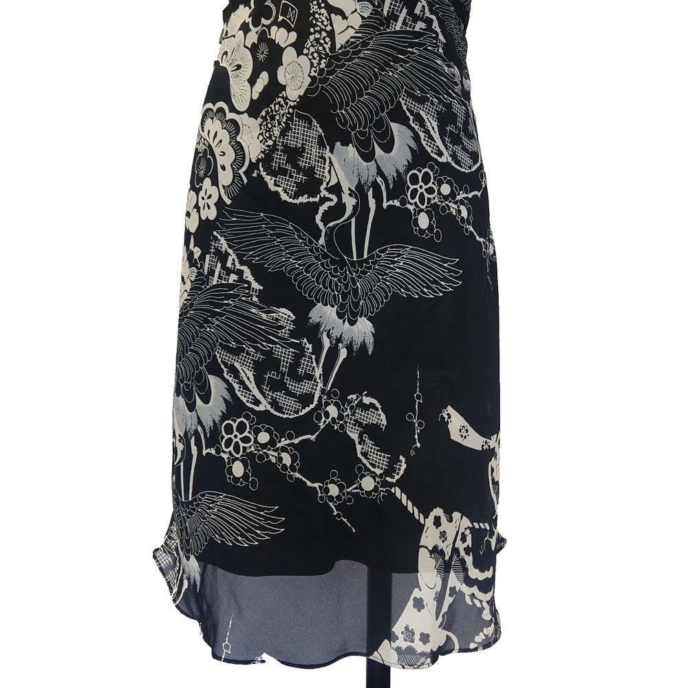 Vintage 2000s Black Midi Dress Size 10P Black Asian Print Beyer Y2K Bias Slip - Picture 5 of 10